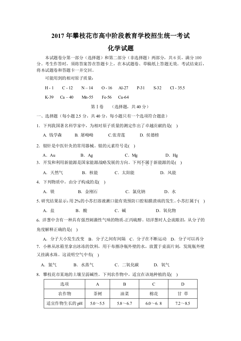 四川省攀枝花市中考化学试题含解析