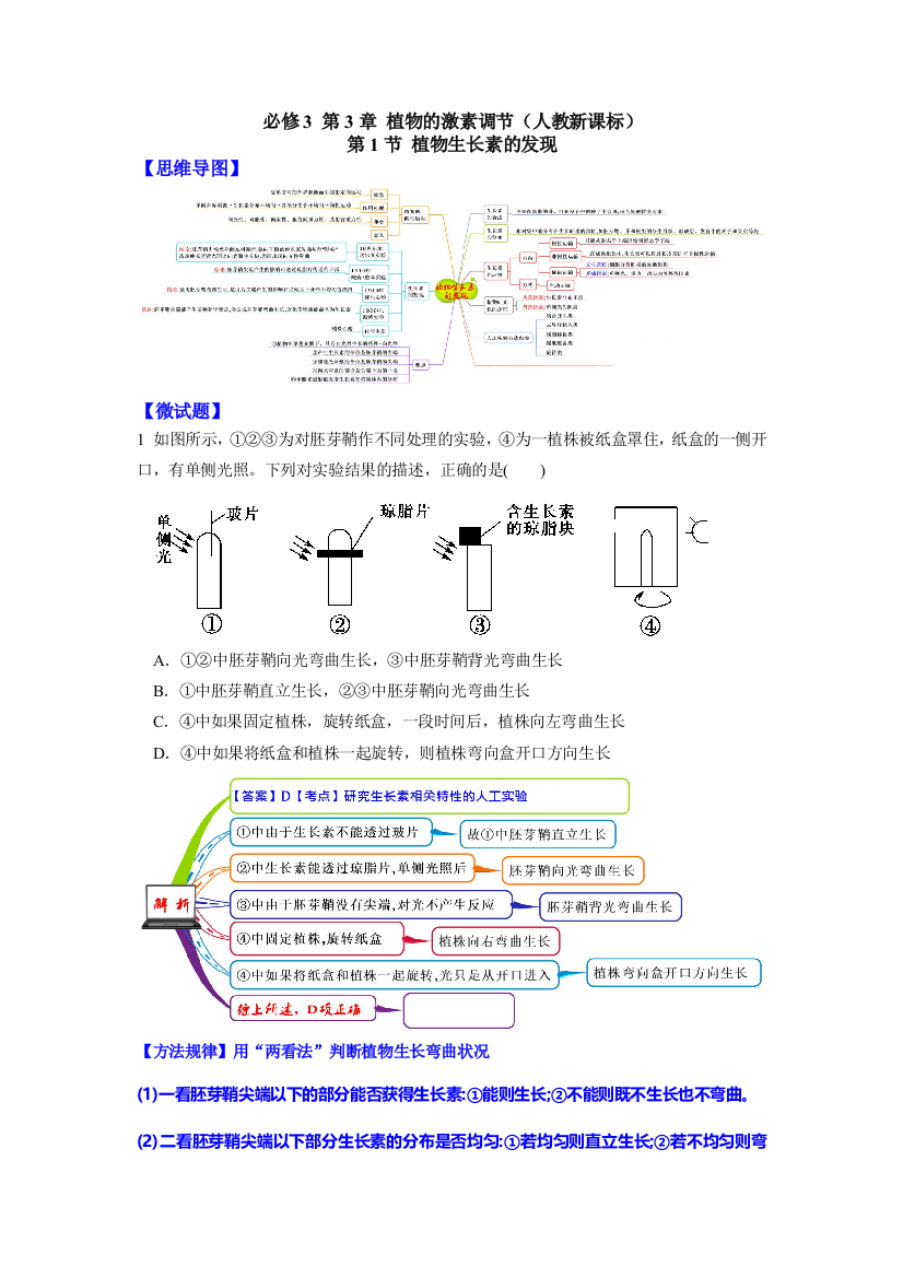 图解教材2016上人教版高中生物必修3思维导图微试题31植物生长素的发现