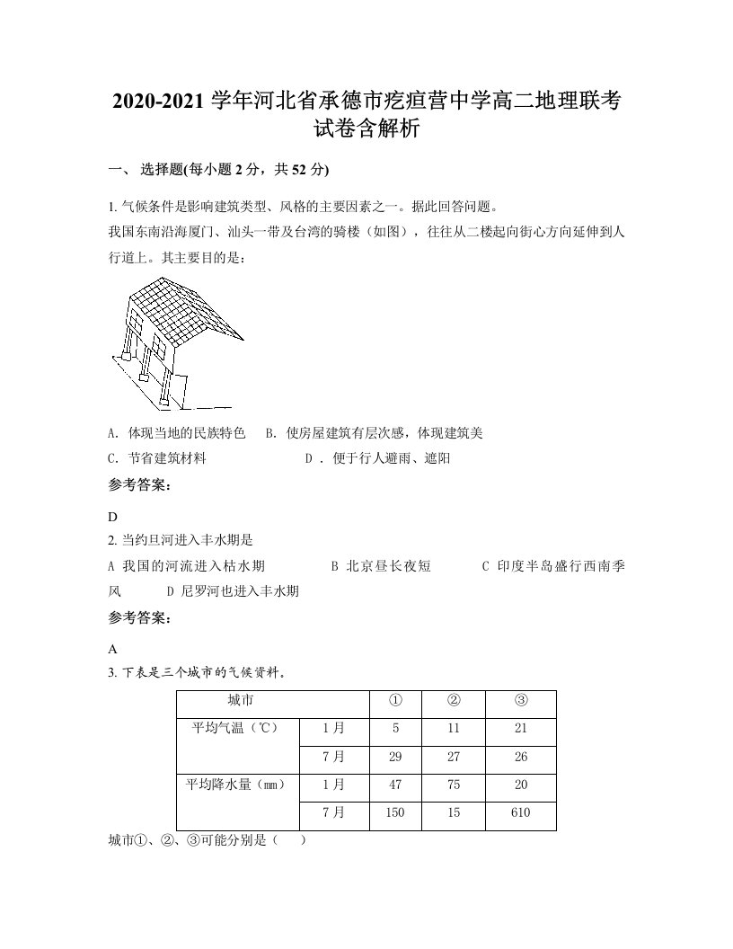 2020-2021学年河北省承德市疙疸营中学高二地理联考试卷含解析