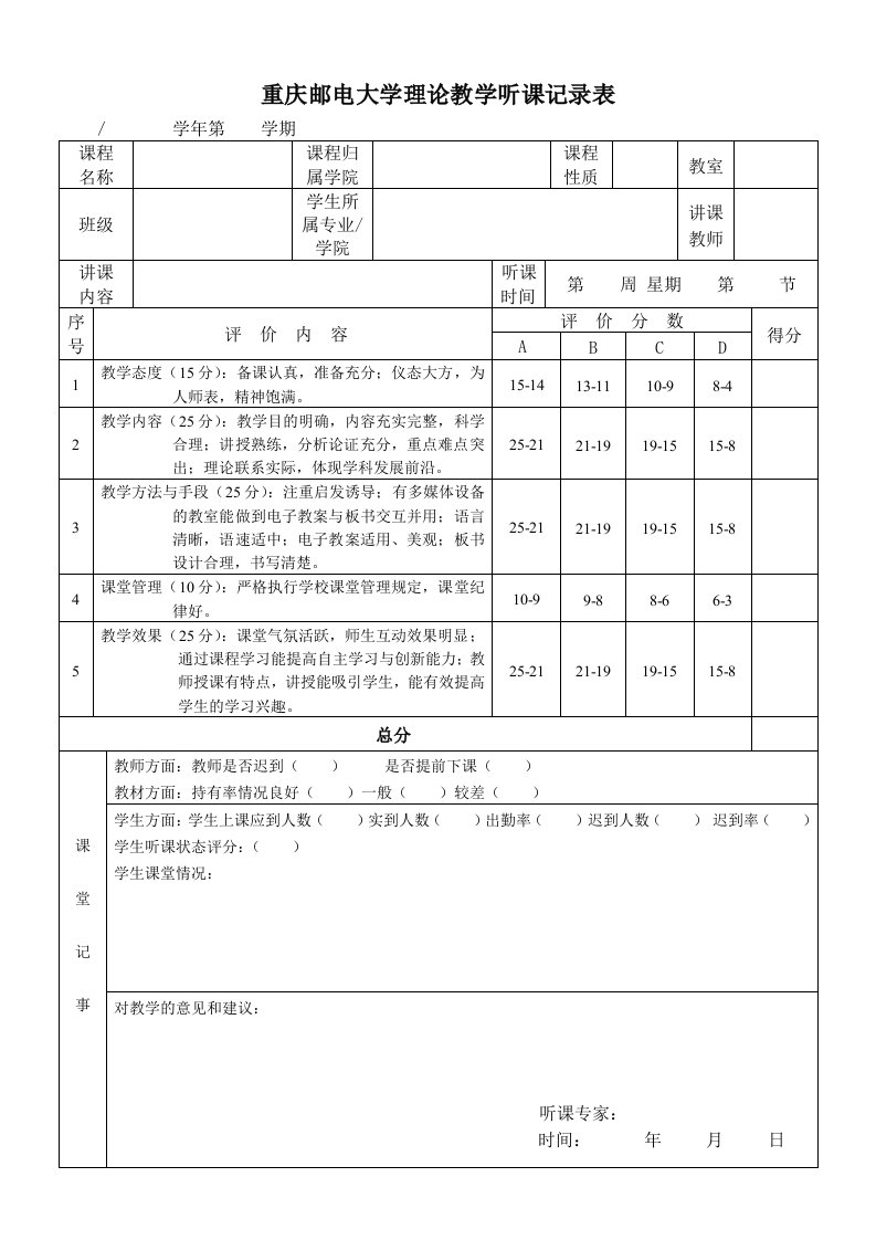 重庆邮电大学理论教学听课记录表