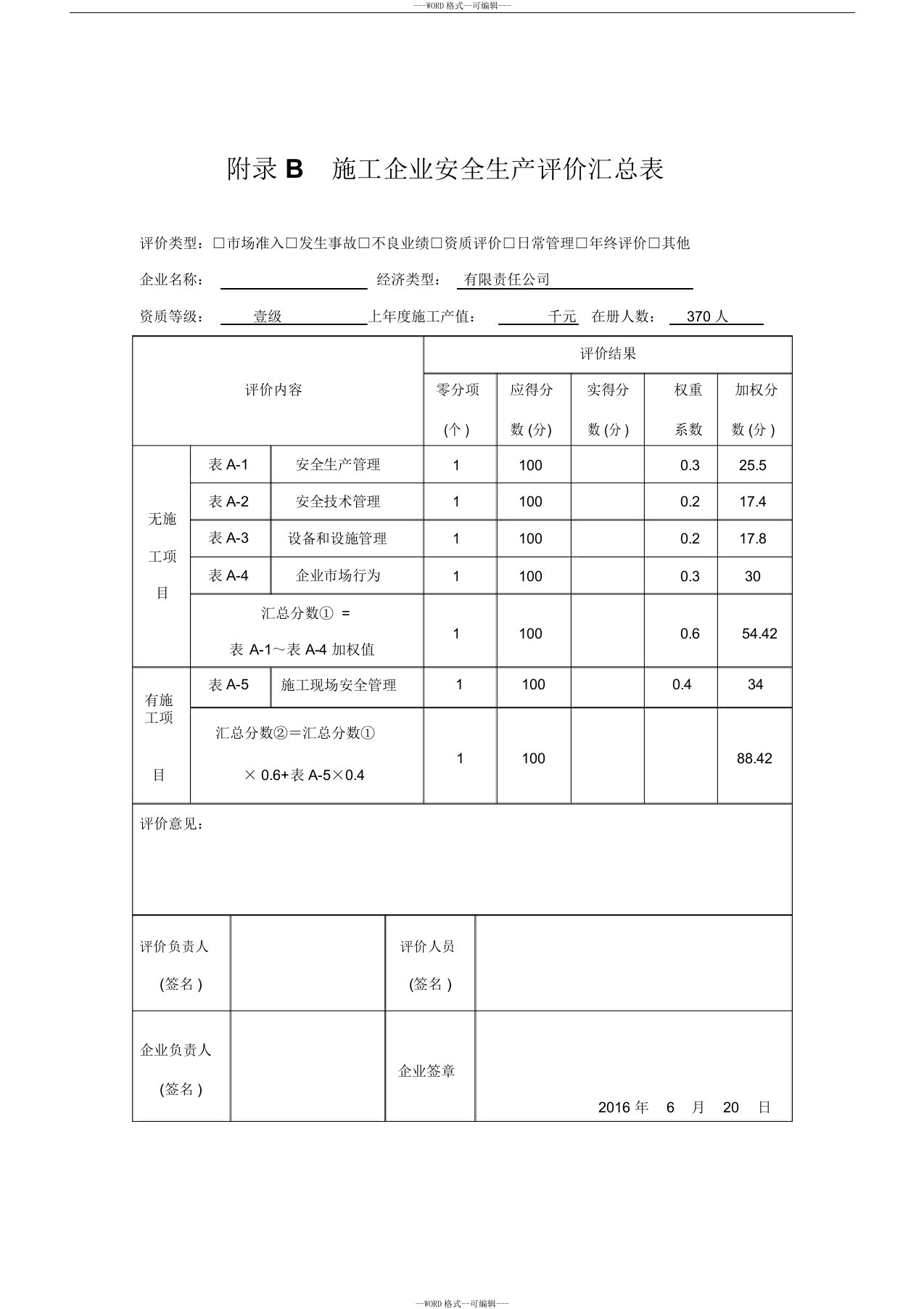 2016年施工企业安全生产评价汇总表