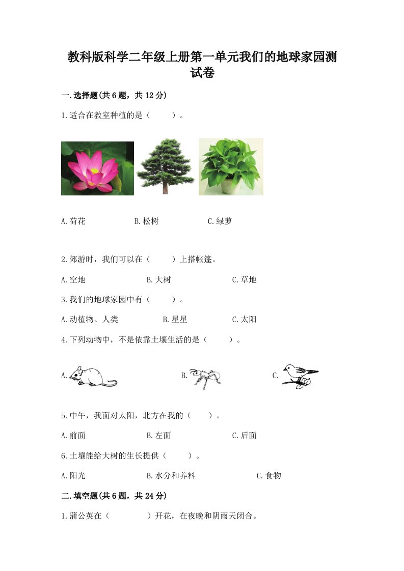 教科版科学二年级上册第一单元我们的地球家园测试卷精品（各地真题）