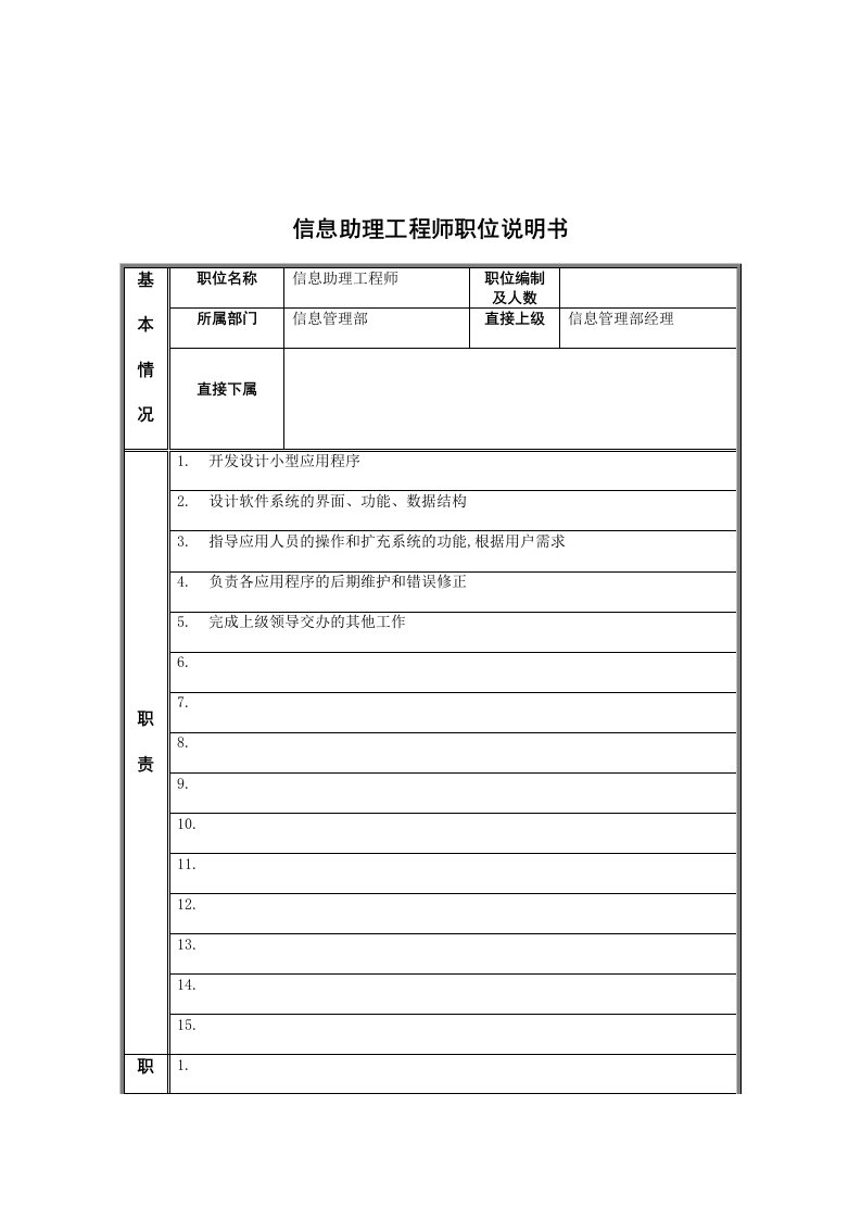 信息管理部信息助理工程师岗位职责