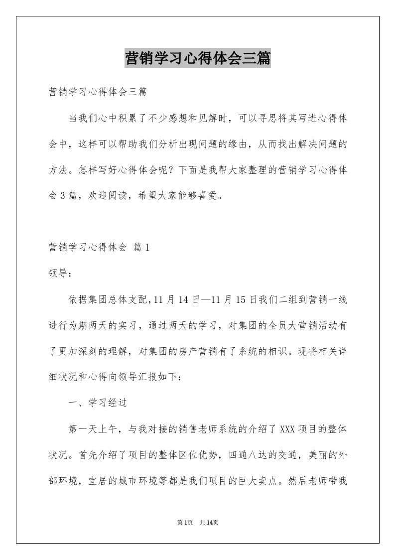 营销学习心得体会三篇例文