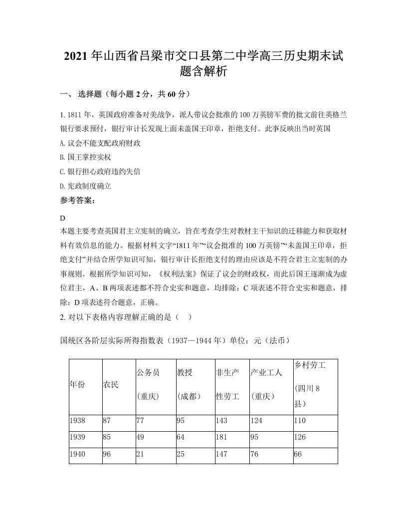 2021年山西省吕梁市交口县第二中学高三历史期末试题含解析