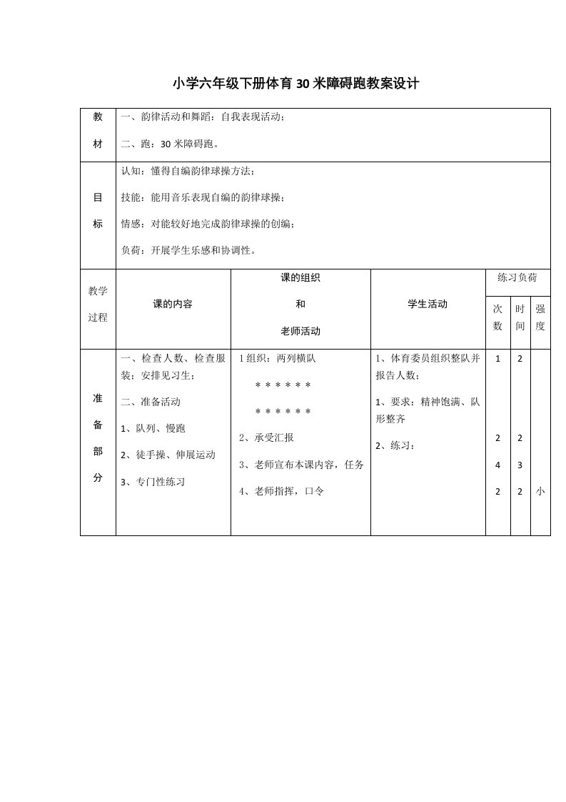 小学六年级下册体育30米障碍跑教案设计