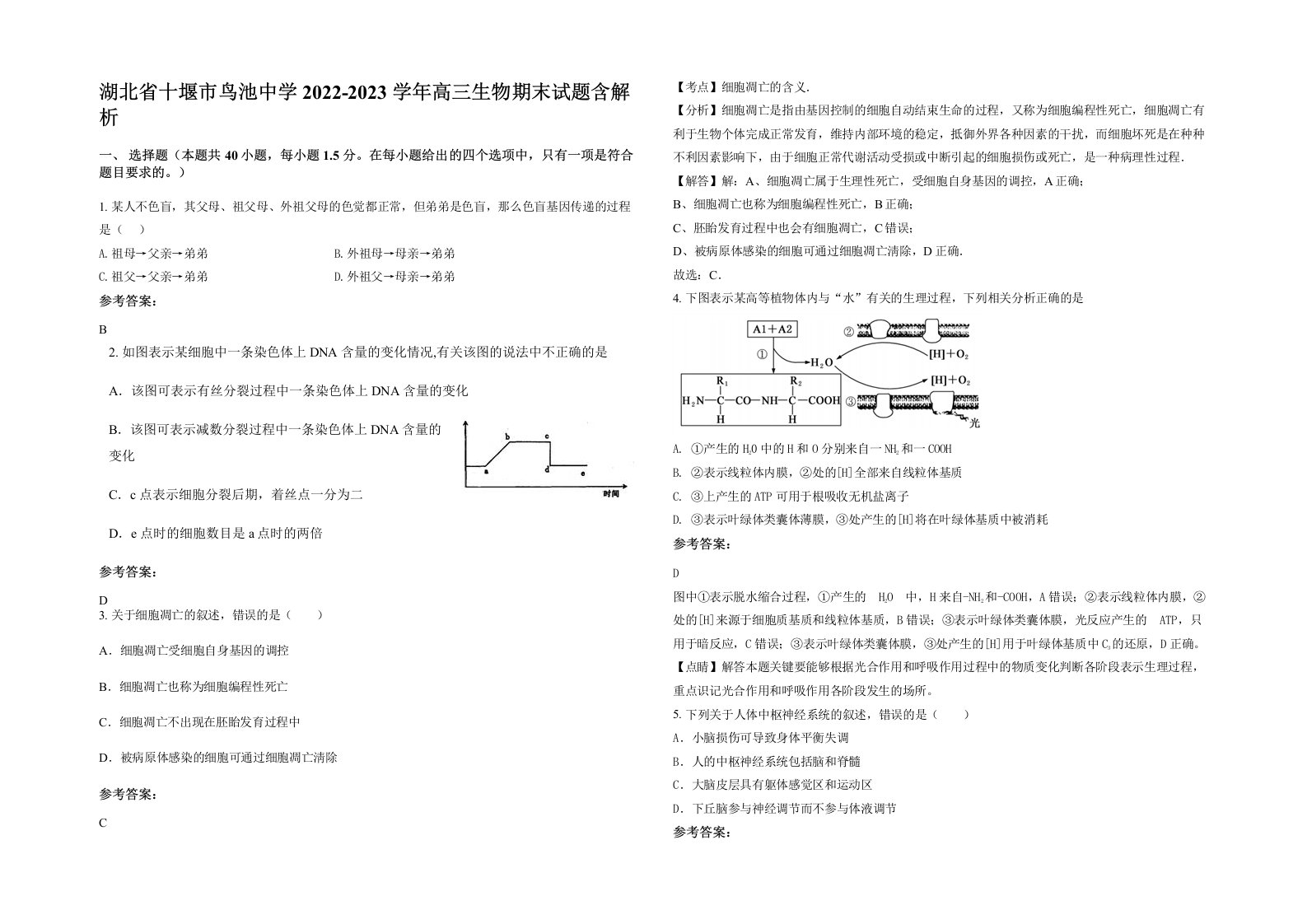 湖北省十堰市鸟池中学2022-2023学年高三生物期末试题含解析