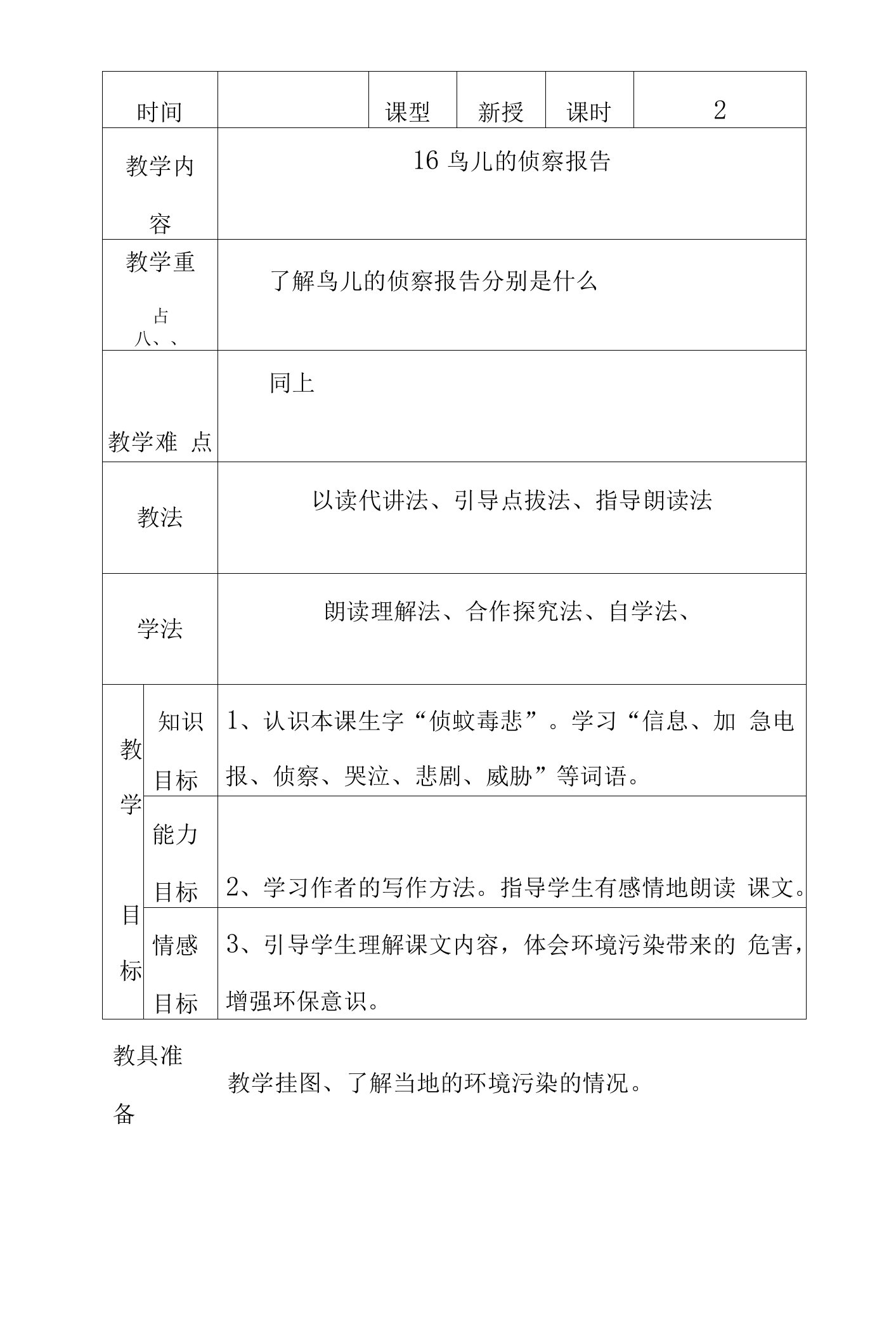 小学六年级语文鸟儿的侦察报告教案