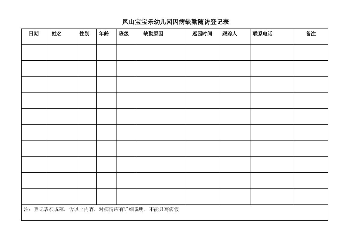 幼儿园因病缺勤跟踪登记表