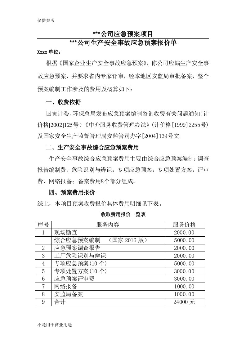 应急预案报价清单