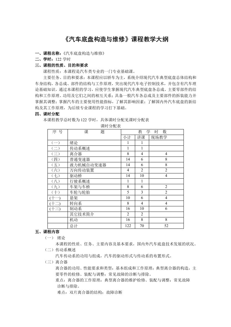 汽车底盘教学大纲