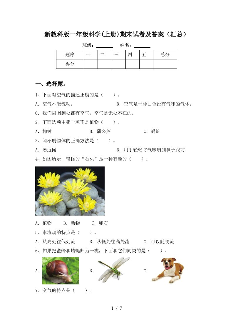 新教科版一年级科学上册期末试卷及答案汇总