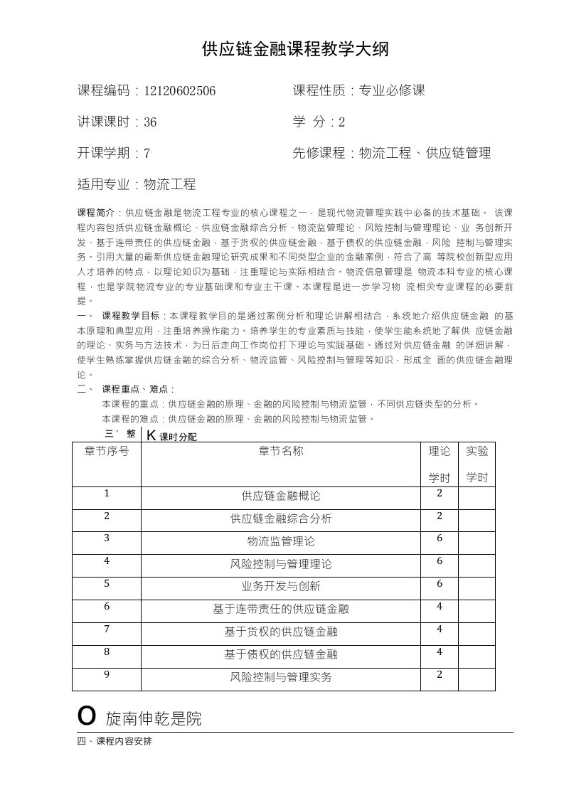 供应链金融课程教学大纲