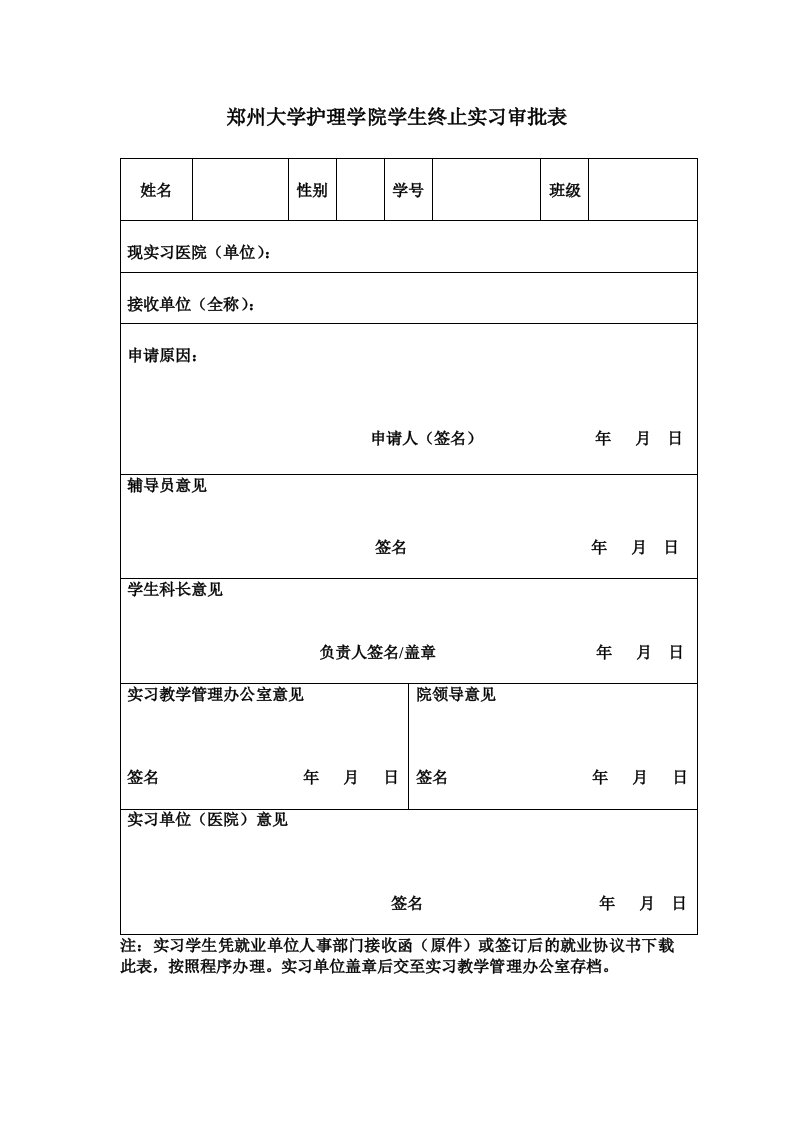 郑州大学护理学院学生终止实习审批表