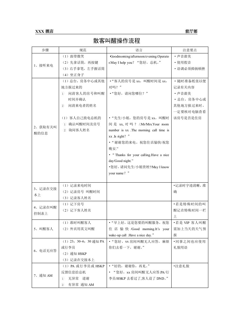 总台散客叫醒操作流程