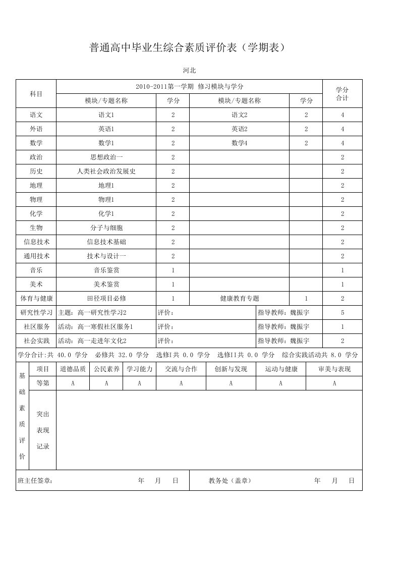 (XLS)河北高中综合素质评价表高一第一学期