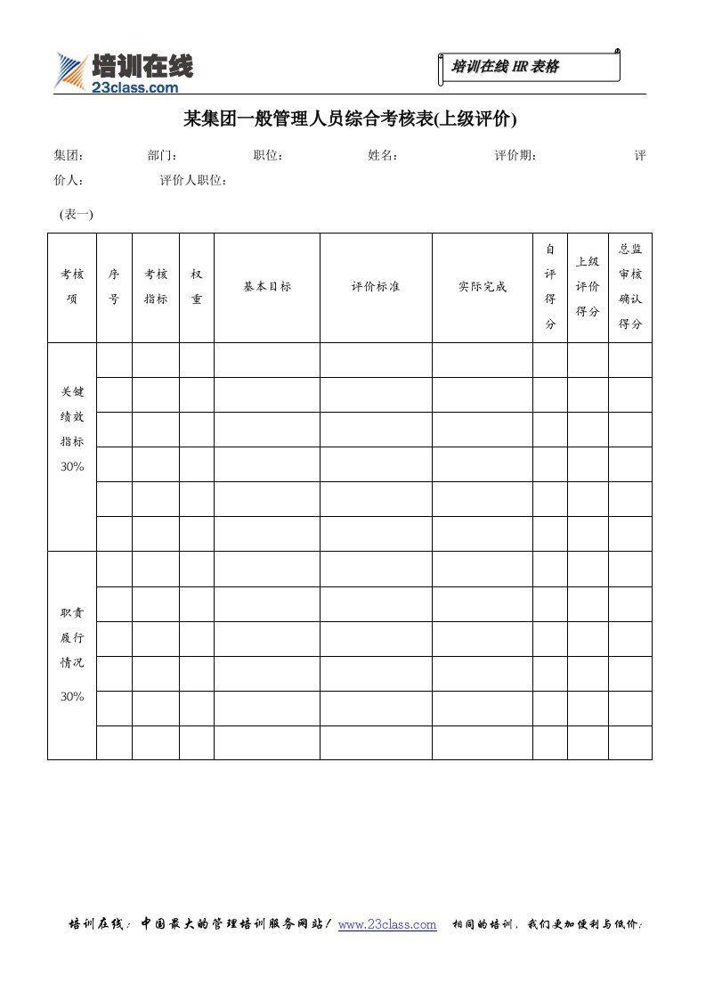 某集团一般管理人员综合考核表(上级评价)