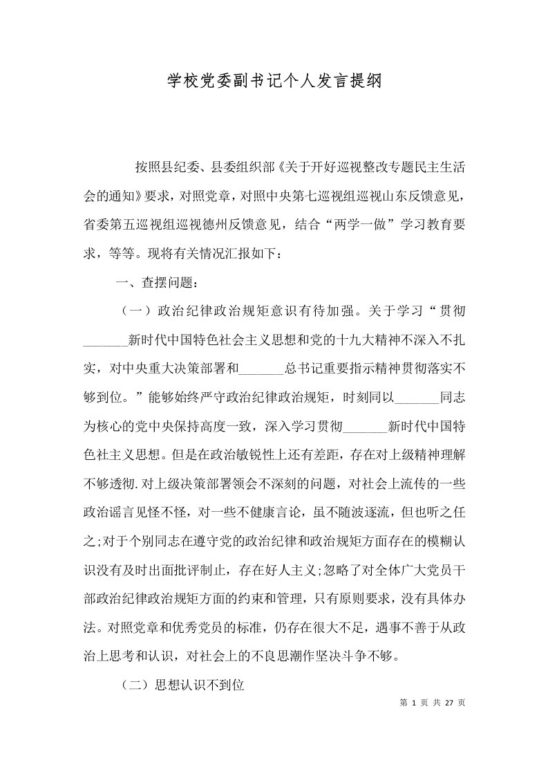 学校党委副书记个人发言提纲