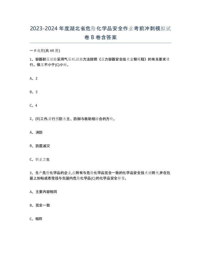 20232024年度湖北省危险化学品安全作业考前冲刺模拟试卷B卷含答案