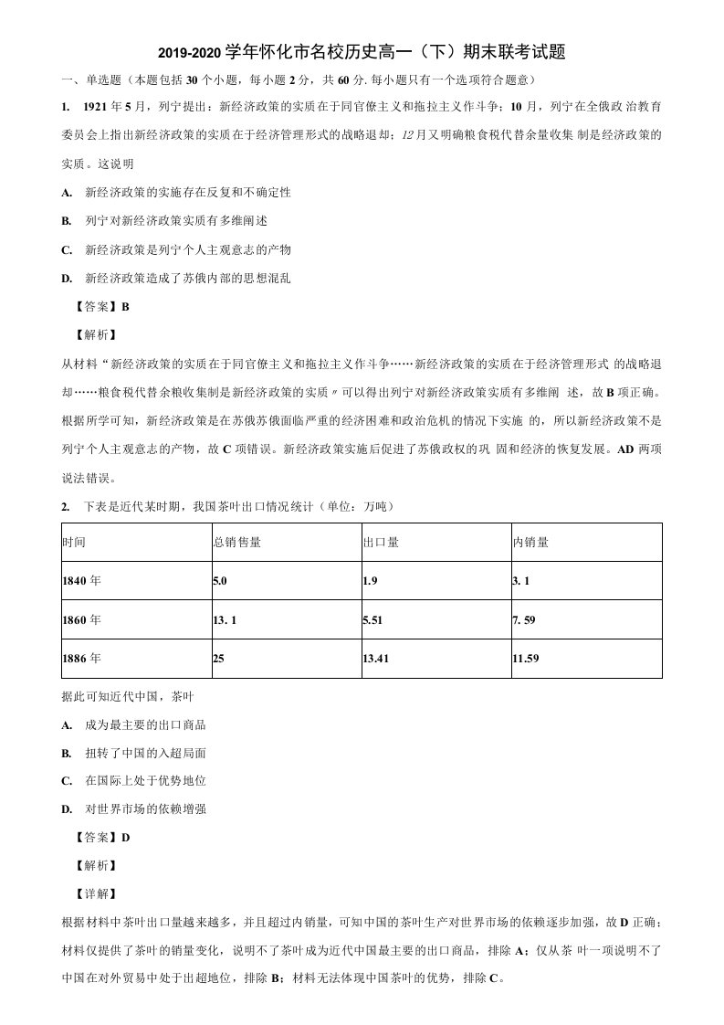 2019-2020学年怀化市名校历史高一(下)期末联考试题含解析