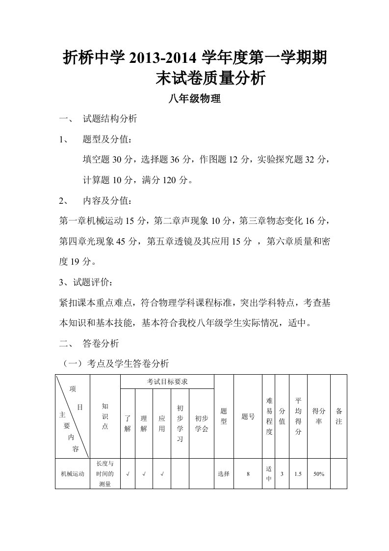 八年级物理期末卷面分析