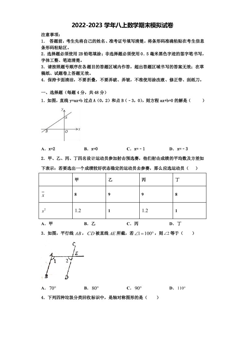 湖南省湘西州2022-2023学年八年级数学第一学期期末监测试题含解析