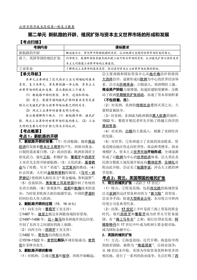 2011历史经济成长历程一轮复习教案：第二单元