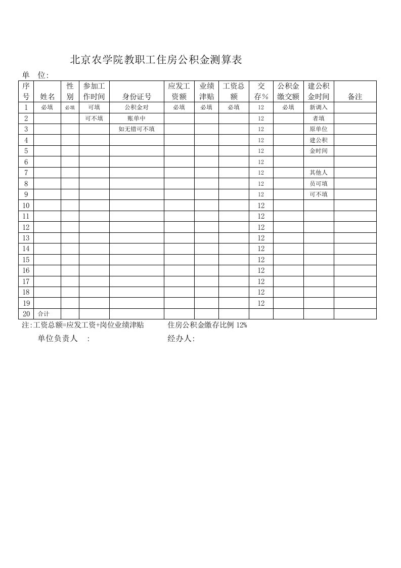 北京农学院教职工住房公积金测算表