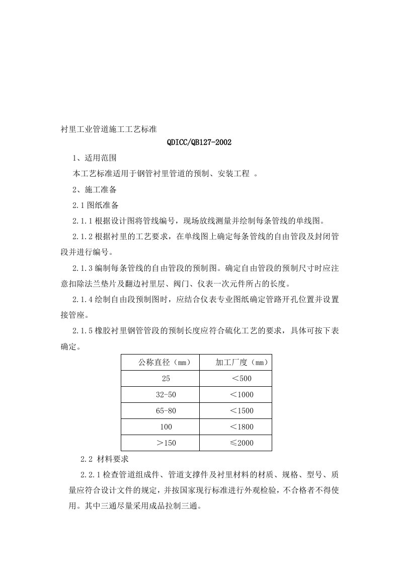 衬里工业管道施工工艺标准