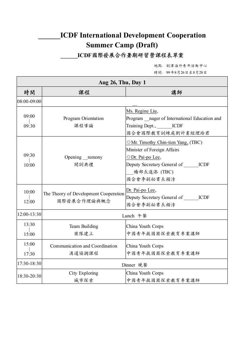 TaiwanICDF國際發展合作暑期研習營課程表草案