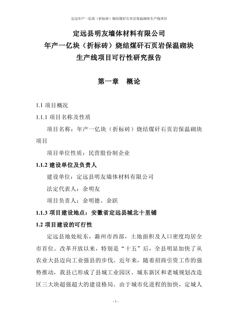 定远年产一亿块(折标砖)烧结煤矸石页岩保温砌块生产线项目可行性研究报告