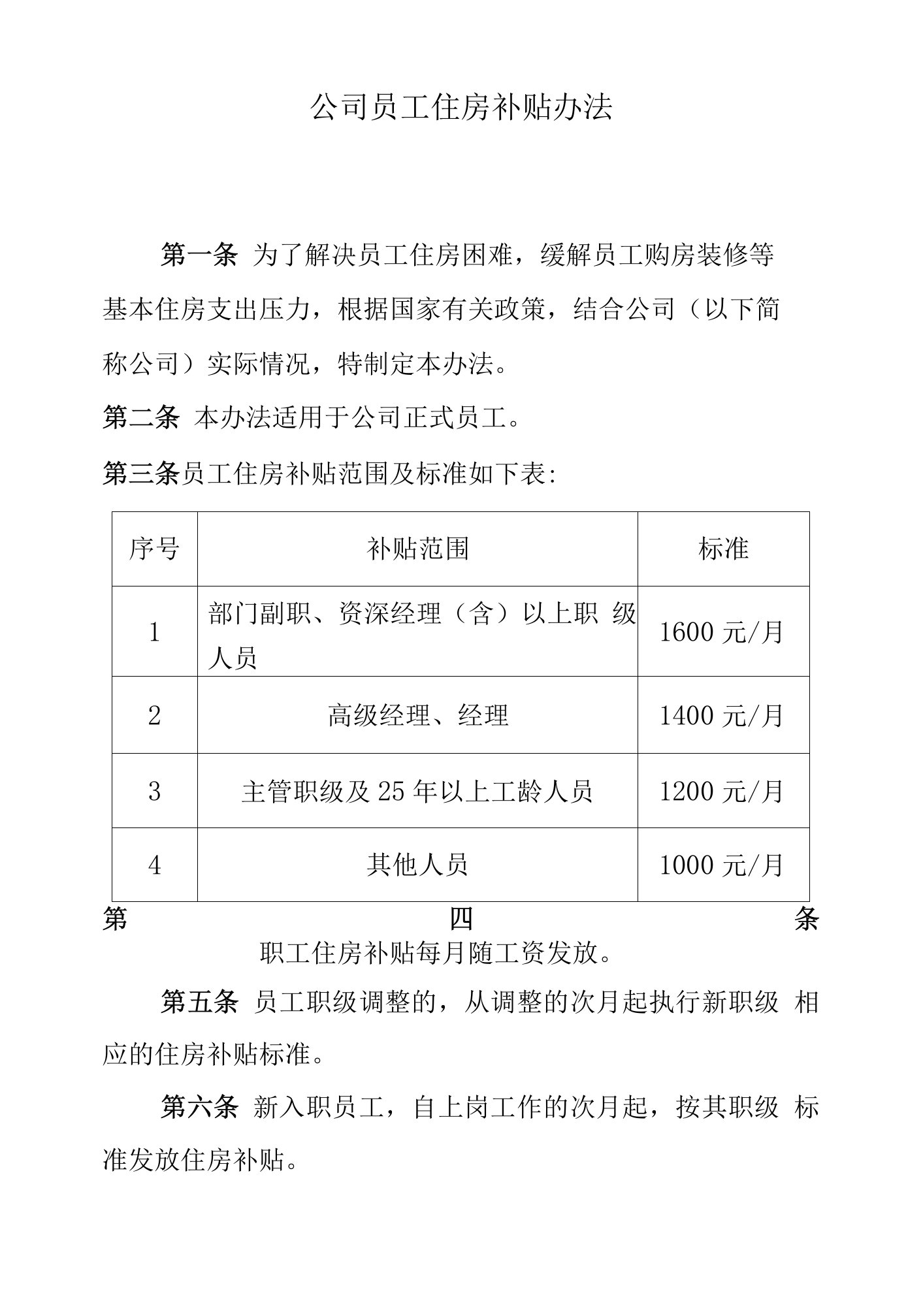 公司员工住房补贴办法