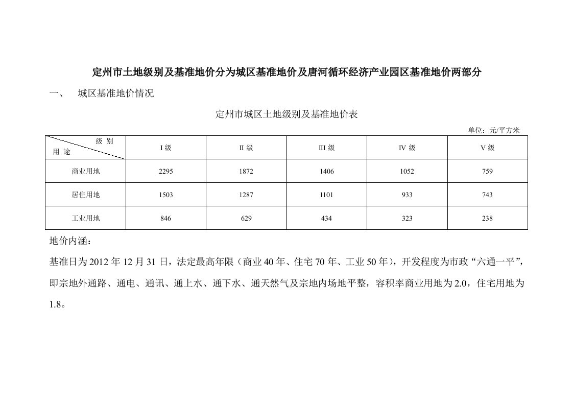 定州市土地级及基准地价分为城区基准地价及唐河循环经济