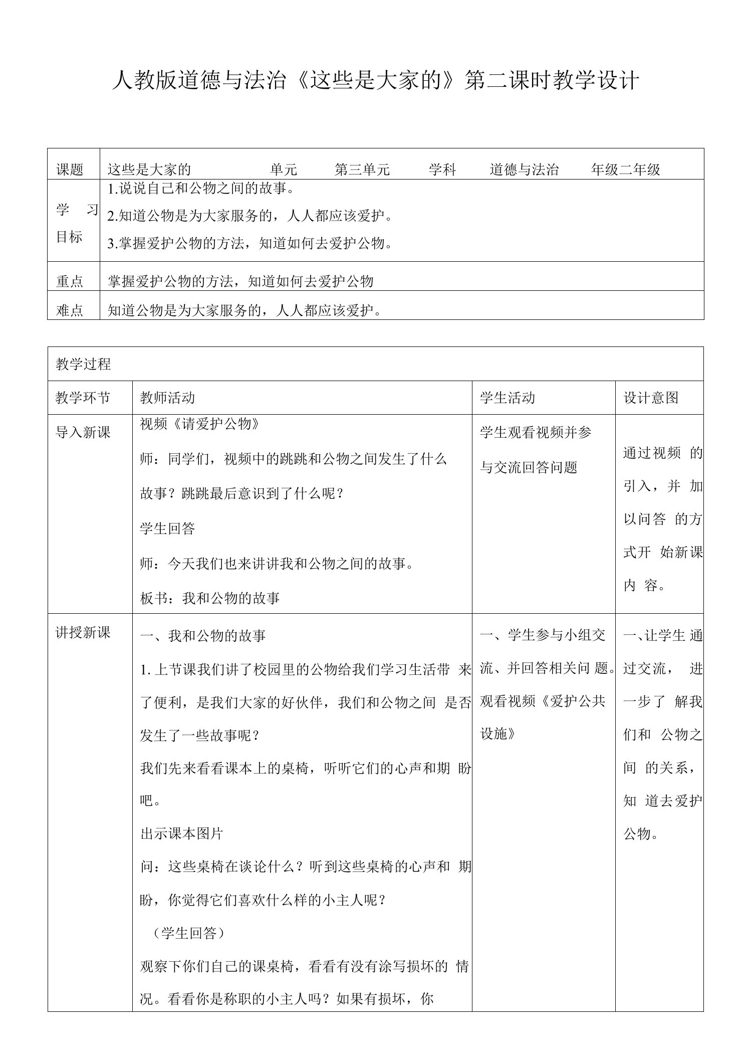 小学二年级道德与法制教案：这些是大家的第二课时教案