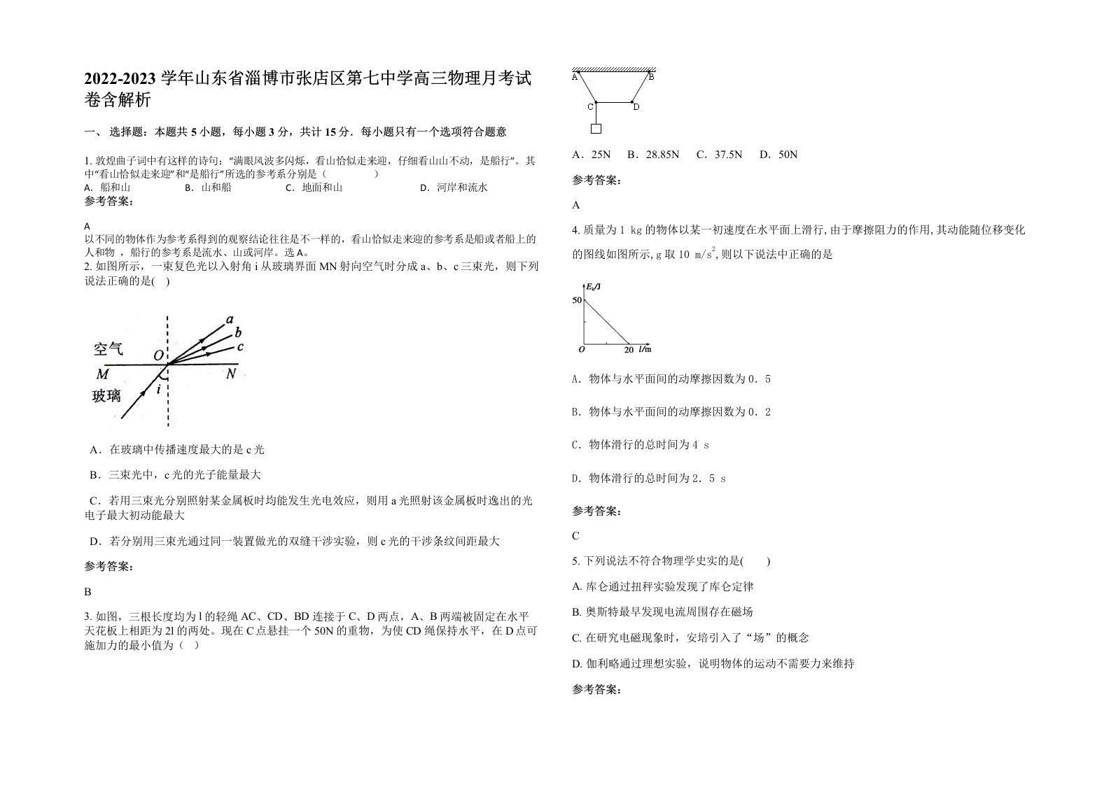 2022-2023学年山东省淄博市张店区第七中学高三物理月考试卷含解析