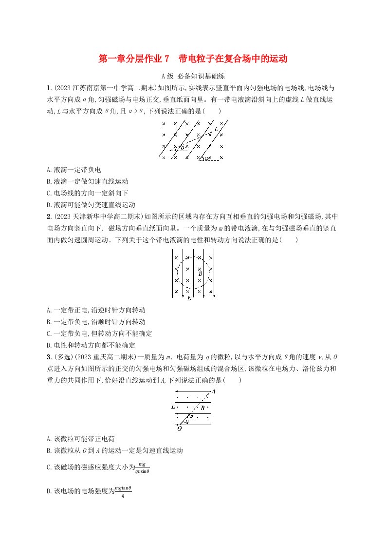 新教材2023_2024学年高中物理第1章磁吃电流的作用专题提升3带电粒子在复合场中的运动分层作业教科版选择性必修第二册