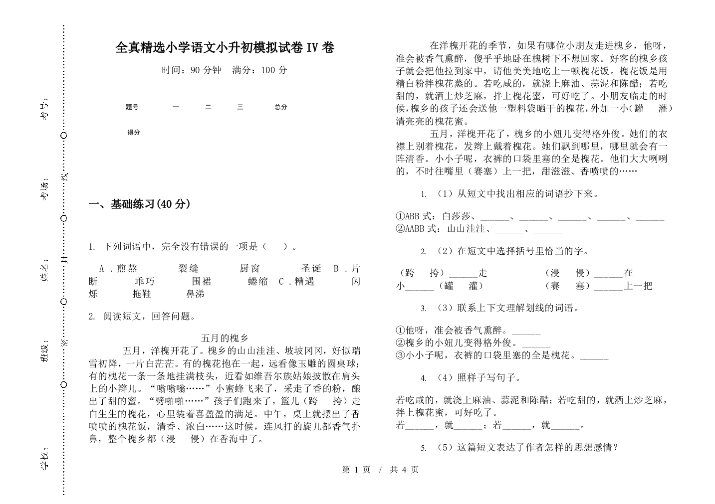 全真精选小学语文小升初模拟试卷IV卷