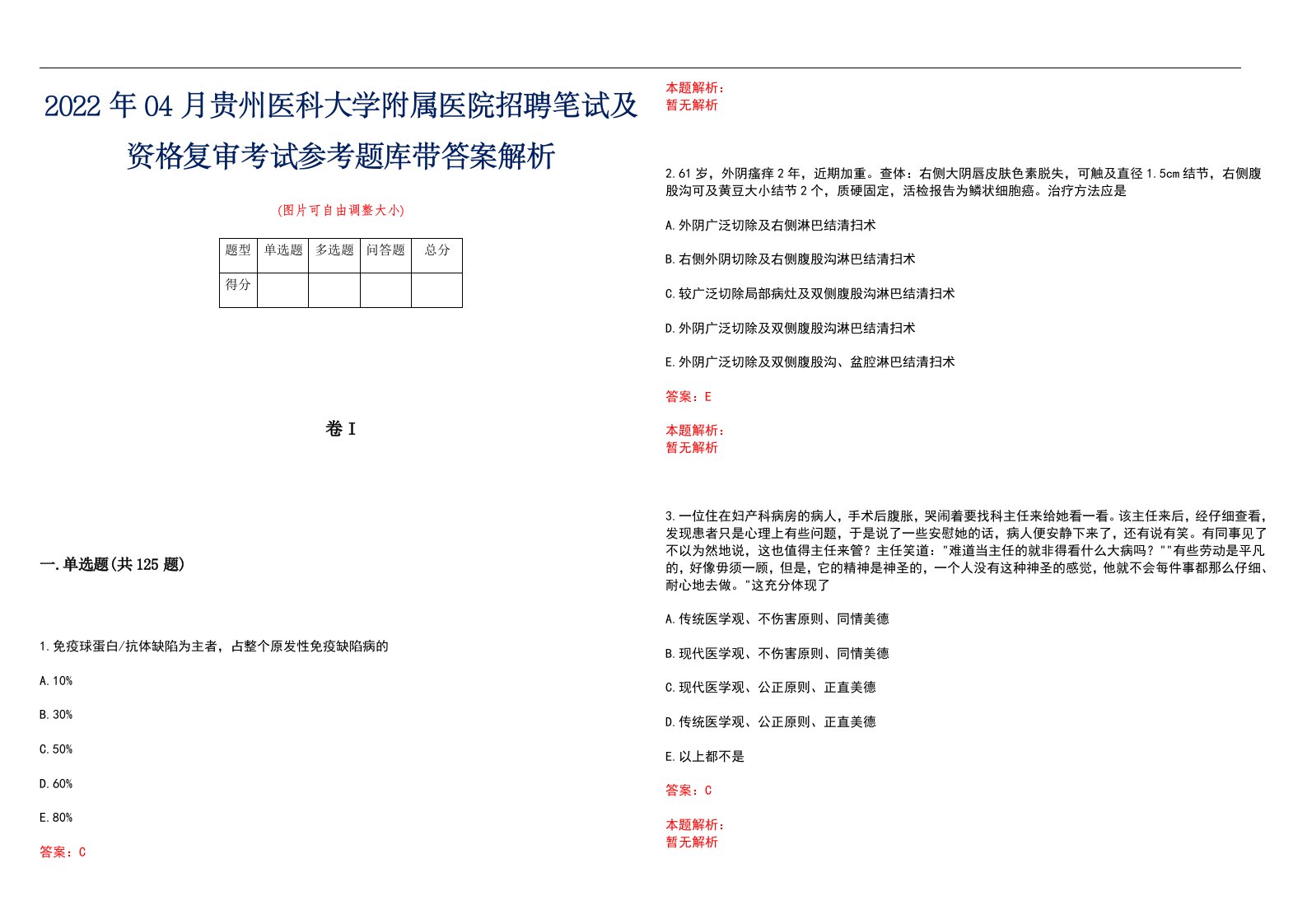 2022年04月贵州医科大学附属医院招聘笔试及资格复审考试参考题库带答案解析