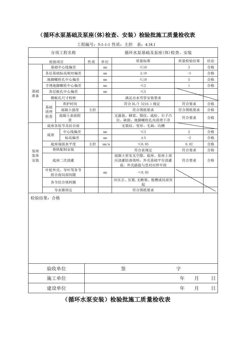 循环水泵安装验收表