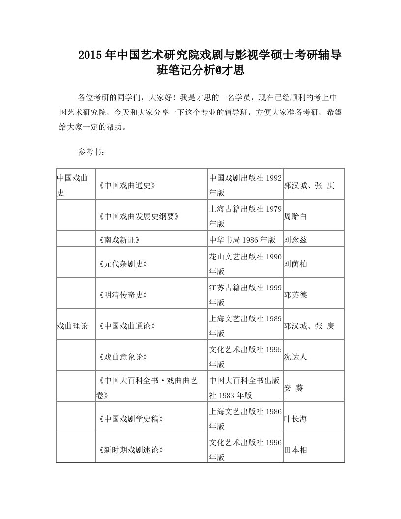 2015年中国艺术研究院戏剧与影视学硕士考研辅导班笔记分析@才思