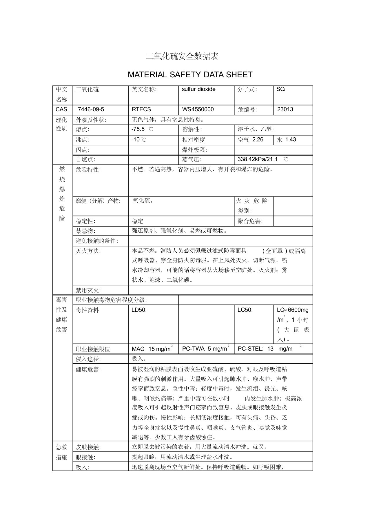 二氧化硫安全数据表