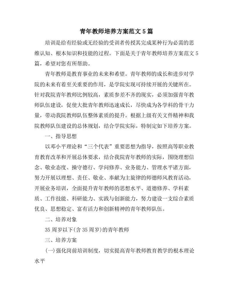 青年教师培养计划范文5篇