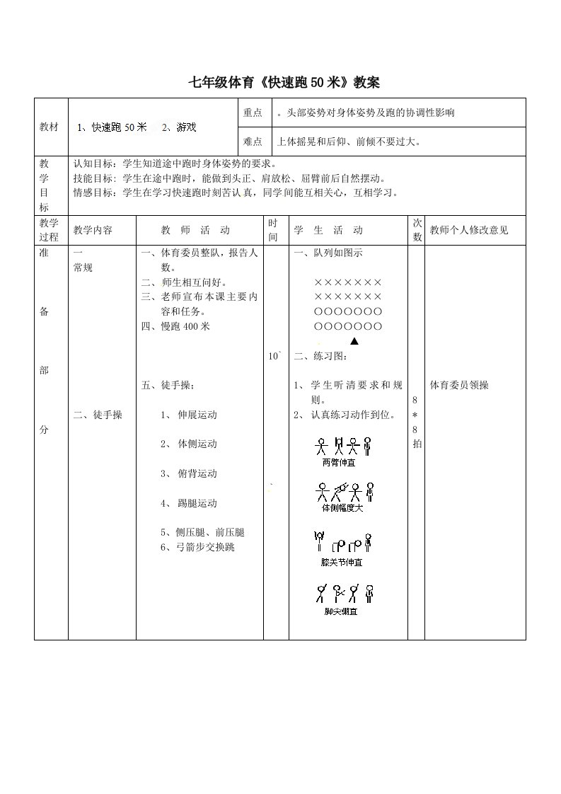 七年级体育《快速跑50米》教案