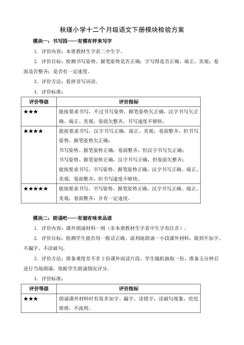 一年级模块游考实施专项方案语文