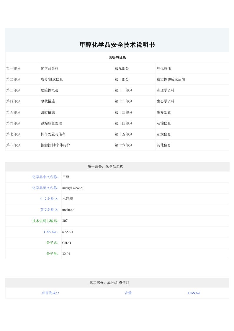 甲醇化学品安全技术说明书