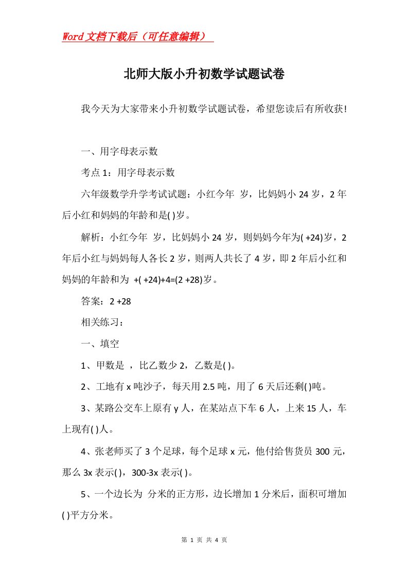 北师大版小升初数学试题试卷