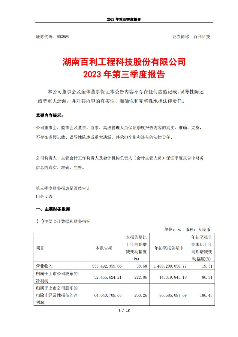 上交所-百利科技2023年第三季度报告-20231026