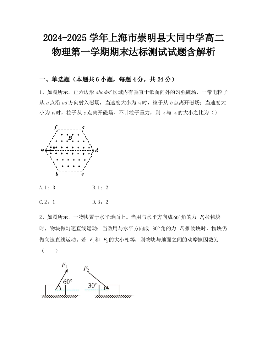 2024-2025学年上海市崇明县大同中学高二物理第一学期期末达标测试试题含解析