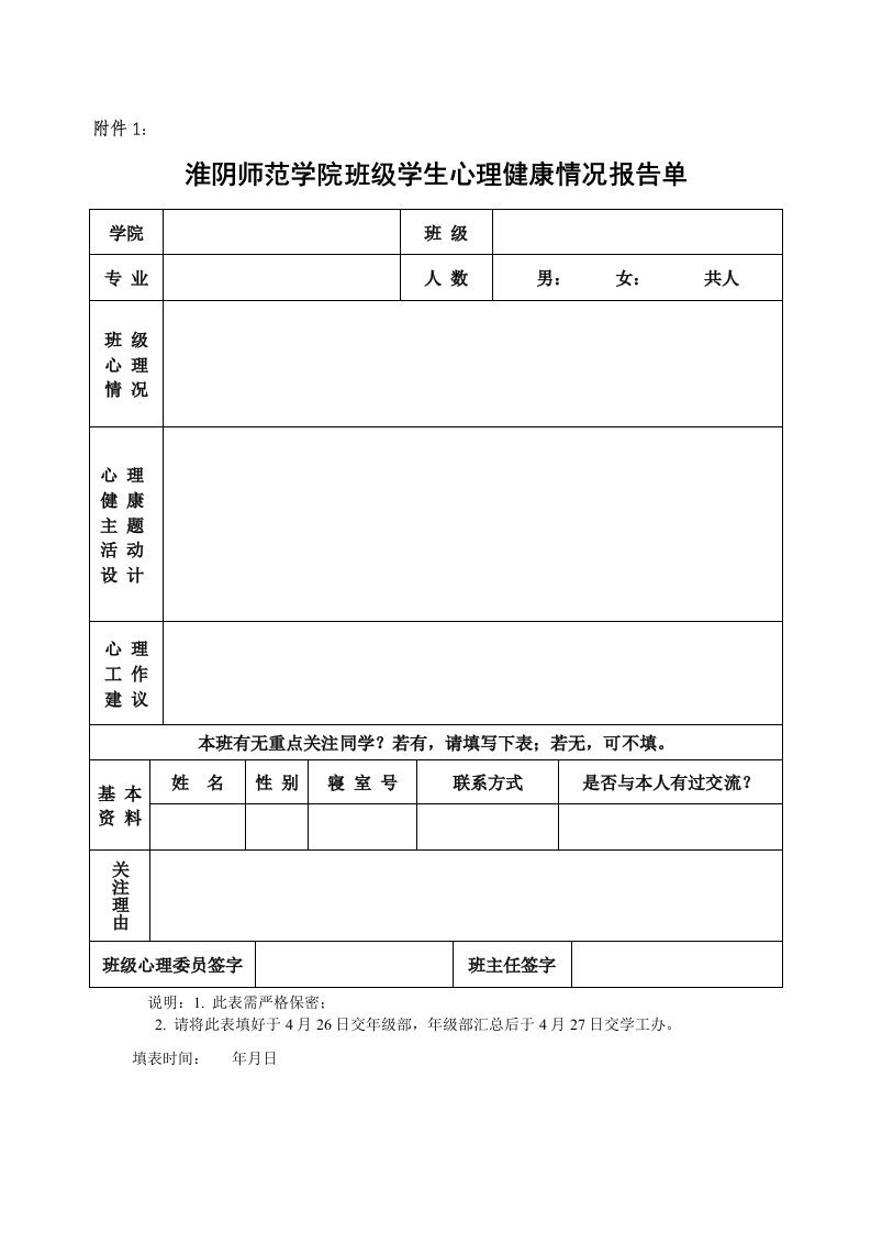 淮阴师范学院班级学生心理健康情况报告单