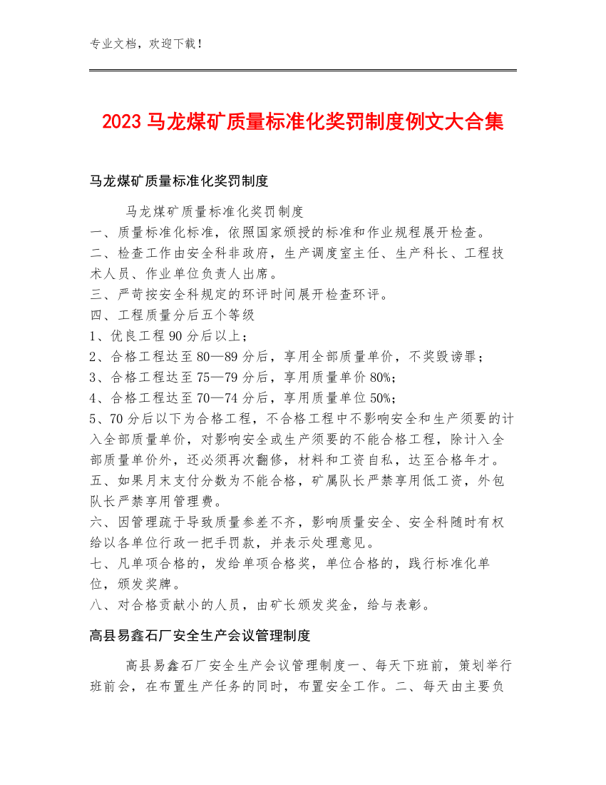 2023马龙煤矿质量标准化奖罚制度例文大合集